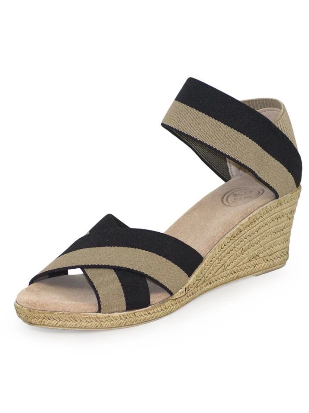 Charleston Shoe Company Women’s Black and Tan Elastic Espadrille Wedge Sandals 8